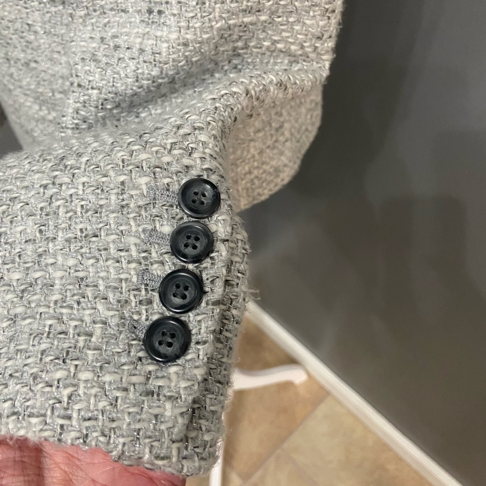 TALBOTS-Cotton Blend Grey White Silver Threads Tweed Coat Womens Petite 8P - Picture 8 of 17